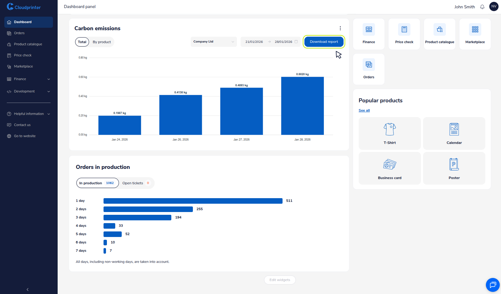 The Brand Portal provides a granular look at emissions by product category, such as calendars, flyers, and posters.