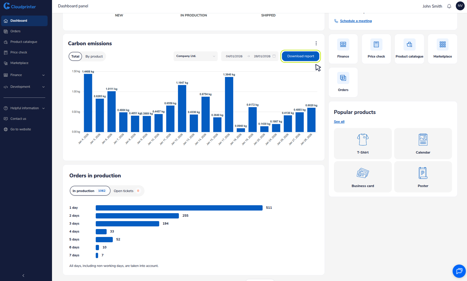 The Brand Portal provides a granular look at emissions by product category, such as calendars, flyers, and posters.